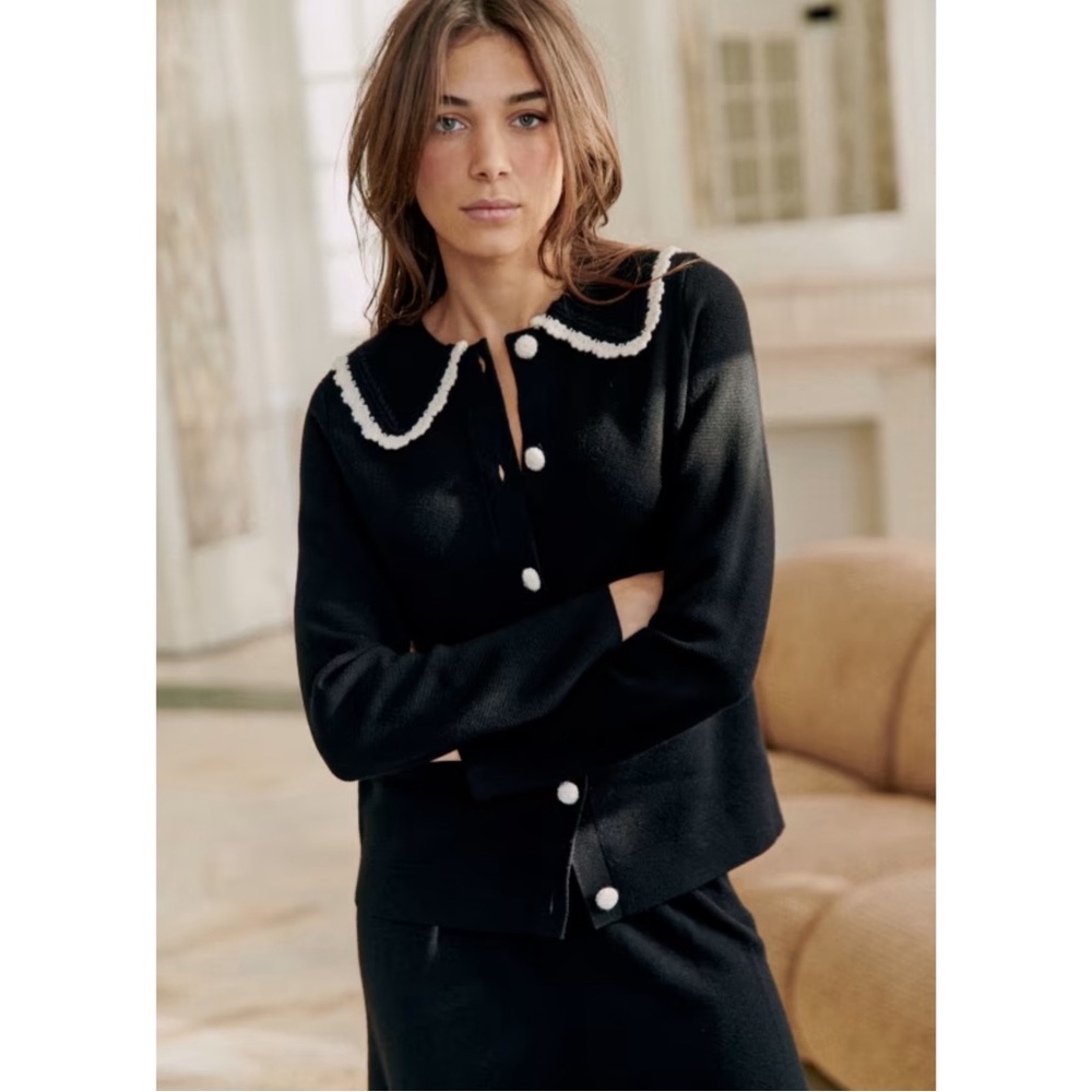 SEZANE BLOGGER Black White Fine Knit Bettany Cardigan Crochet Collared Sweater - Picture 10 of 16